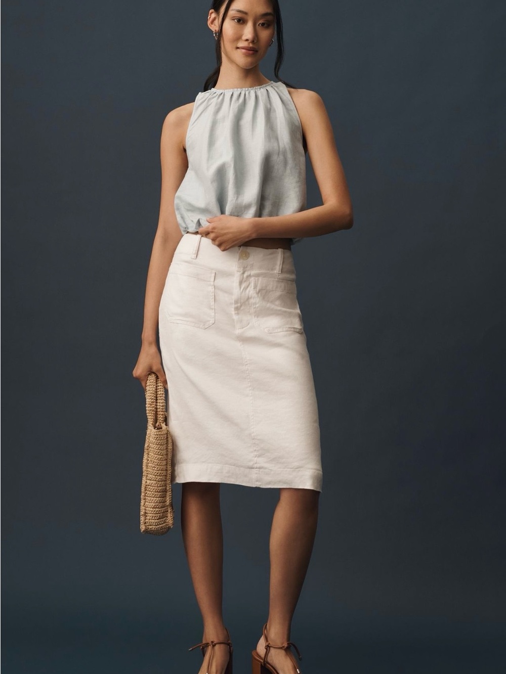 Anthropologie Colette White  Midi Pencil Skirt with Front Pockets Size Small